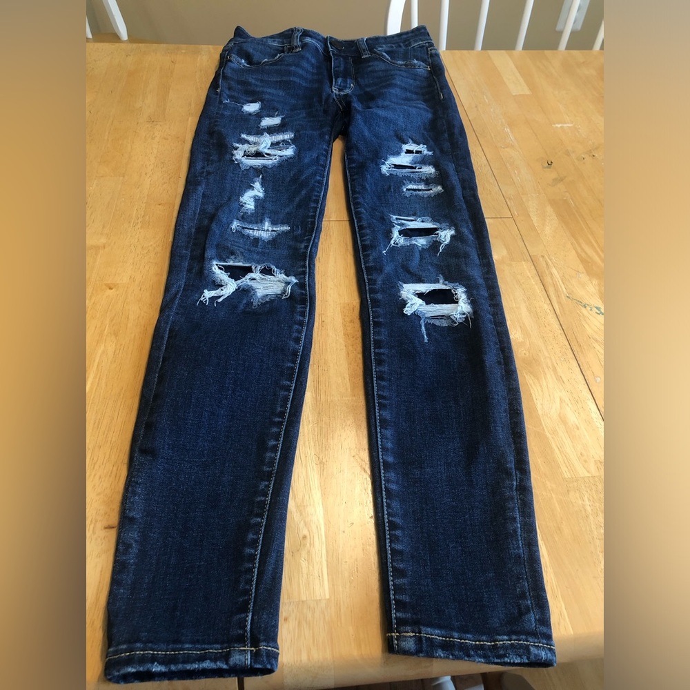 American Eagle High Rise Jeggings Size 00 Short Blue Denim Distressed